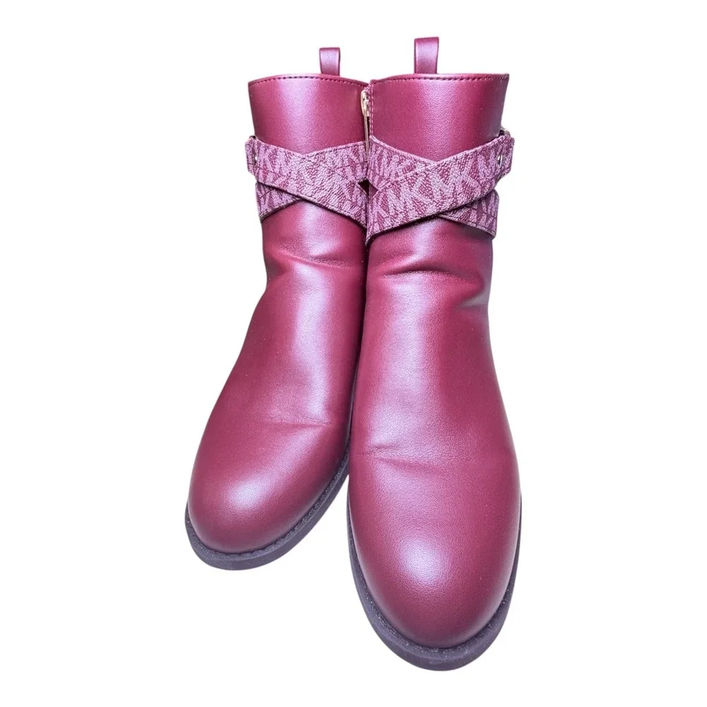 Michael Kors Womens Ankle Boots Burgundy MK Logo Straps Gold Hardware 6.5M SI22F